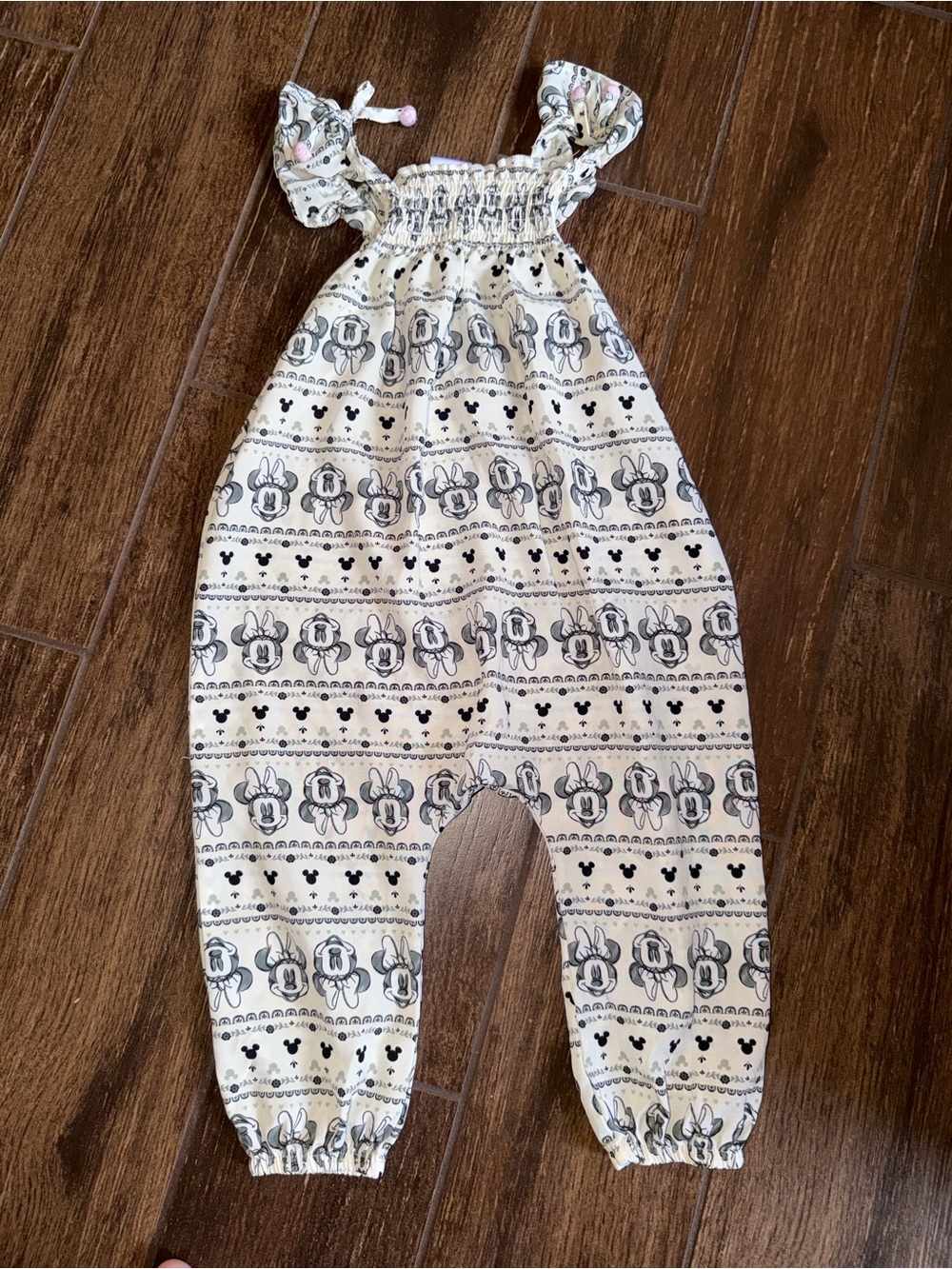 Cream Minnie-Print Smocked Romper for Girls